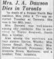 Mrs. J.A. Dawson Dies In Toronto